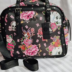 Ed Hardy Black and Pink Skull Floral Backpack
